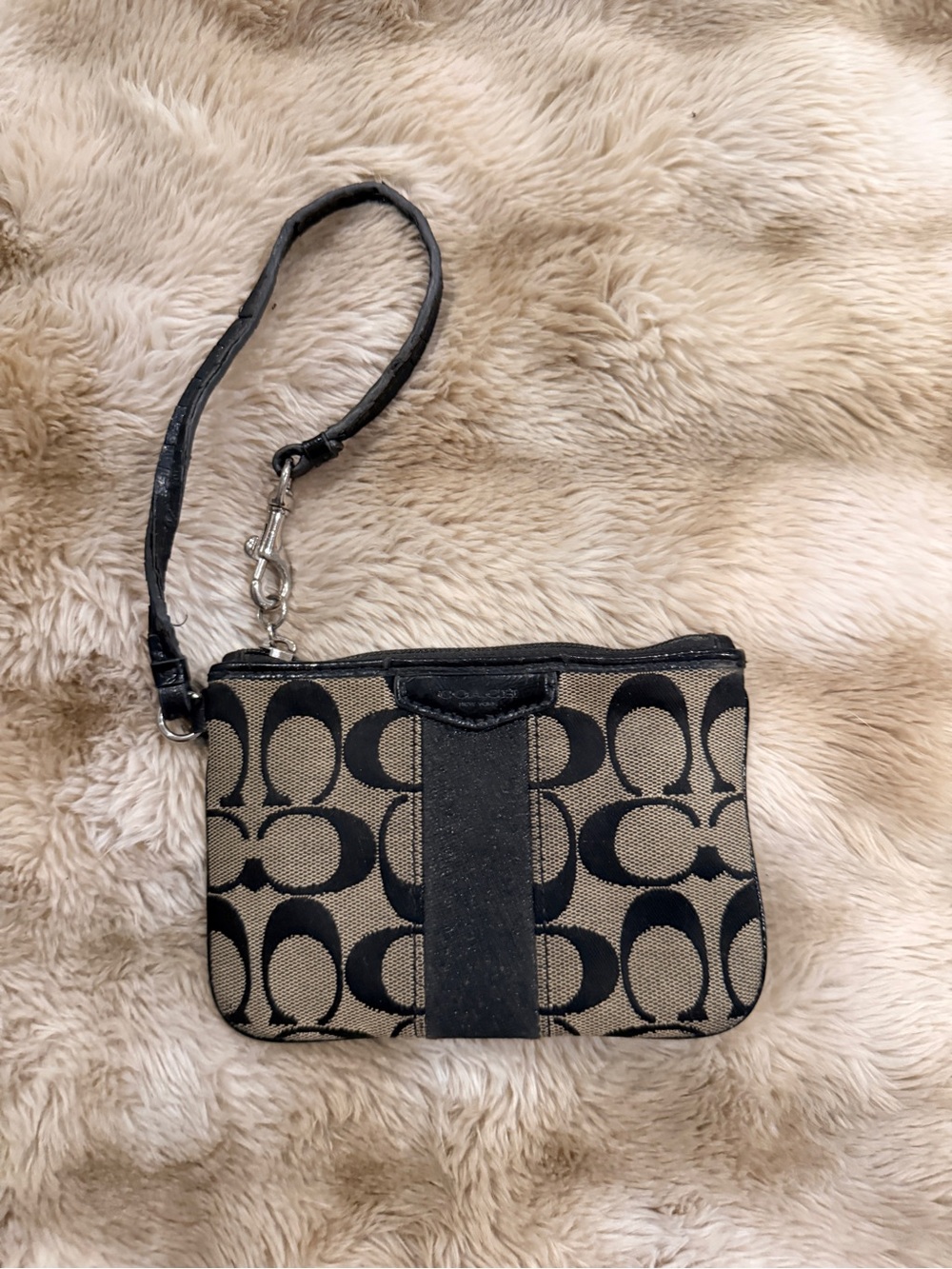 Coach Signature Black & Khaki Wristlet | Classic Logo Jacquard